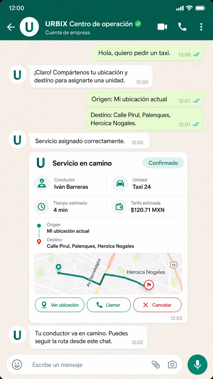 Solicitud de taxi por WhatsApp URBIX